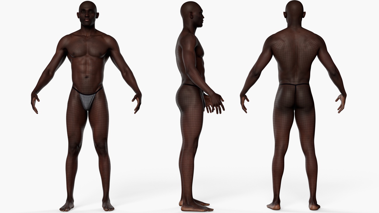 Athletic male body scan wireframe topology Wireframe topology overlay of a lean athletic male 3D body scan showing clean quad edge loops